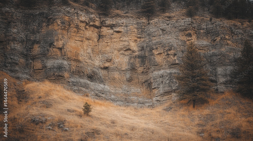 Naklejka premium Majestic Rock Face: Autumnal Hues and Ancient Stone
