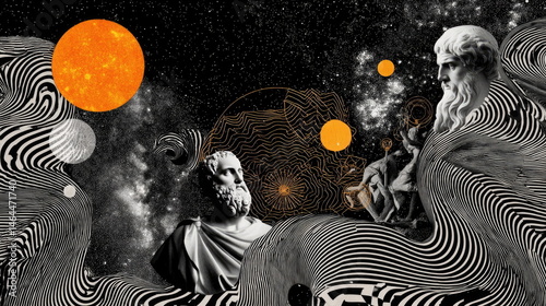 Celestial philosophers engage in cosmic dialogue amidst swirling abstract patterns and vibrant celestial bodies Generative AI