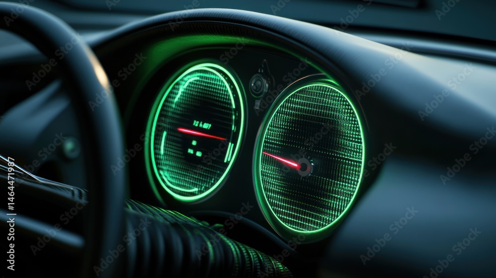 Futuristic car dashboard with green digital gauges Futuristic car dashboard with green digital gauges