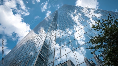 Low angle view of a skyscraper with glass facade reflecting clouds and blue sky on a sunny day