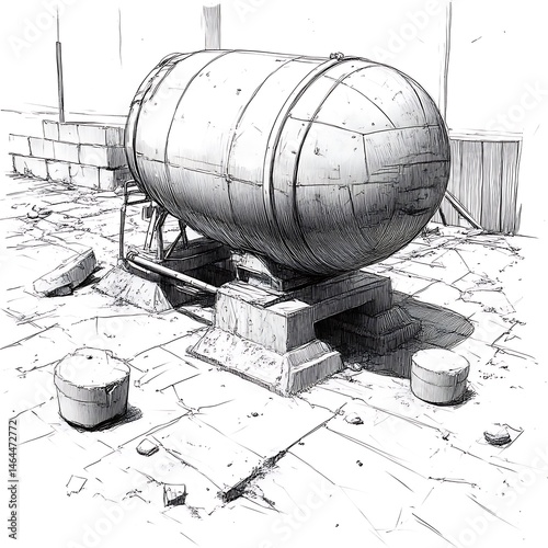A large metal tank rests on a concrete platform outdoors