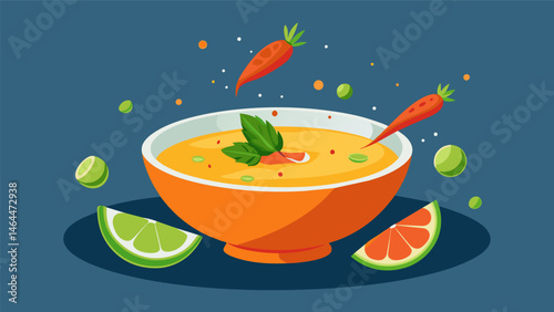 A chilled fruit soup made with pureed cantaloupe a splash of lime juice and a sprinkle of chili powder for a refreshing and unique snack.. Vector illustration