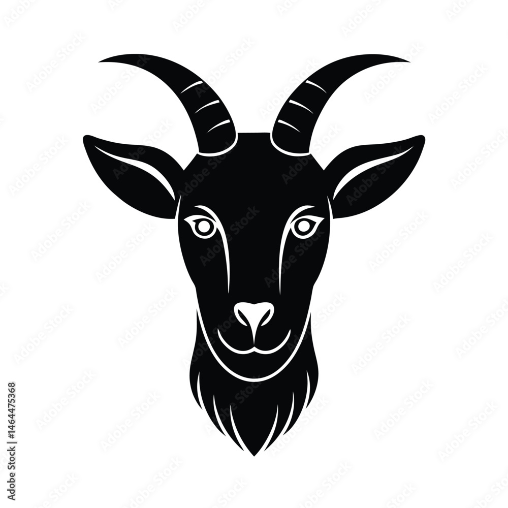 Fototapeta premium Stylized black silhouette illustration of a goat head with curved horns and simple design