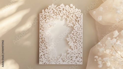 Elegant Laser Cut Wedding Invitation Design with Floral Pattern and Delicate Beige Background