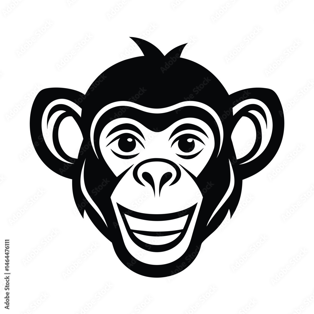Smiling black and white cartoon chimpanzee head in graphic vector style for design use Smiling black and white cartoon chimpanzee head in graphic vector style for design use