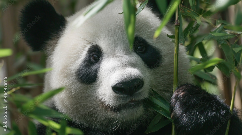 Fototapeta premium Panda chewing bamboo stalk in enclosure 
