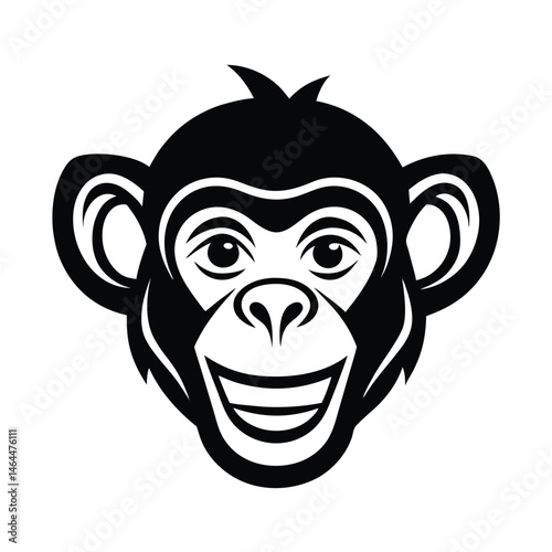 Smiling black and white cartoon chimpanzee head in graphic vector style for design use