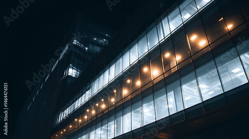 Low angle shot of a modern office building with glass windows illuminated at night time in the dark city