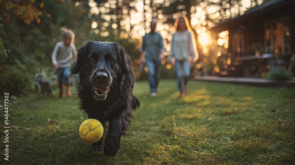 Pet dog playing fetch with family in garden Pet dog playing fetch with family in garden