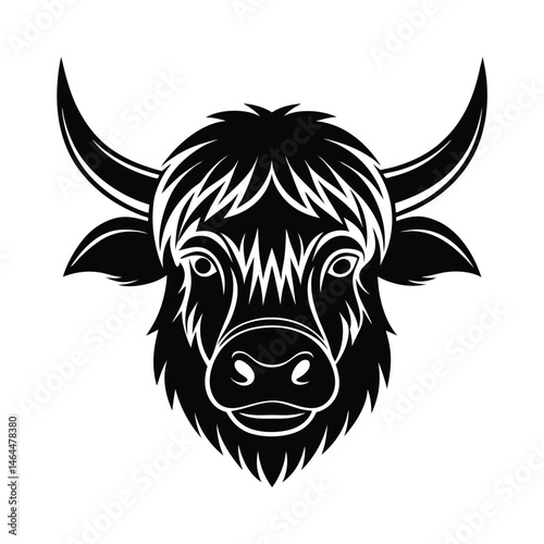 Intricate black and white yak head illustration suitable for logo design and emblematic uses