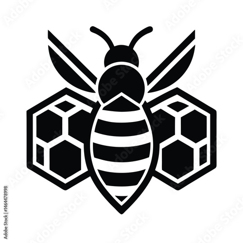 Black and white bee vector with honeycomb elements symbolizing nature and honey production