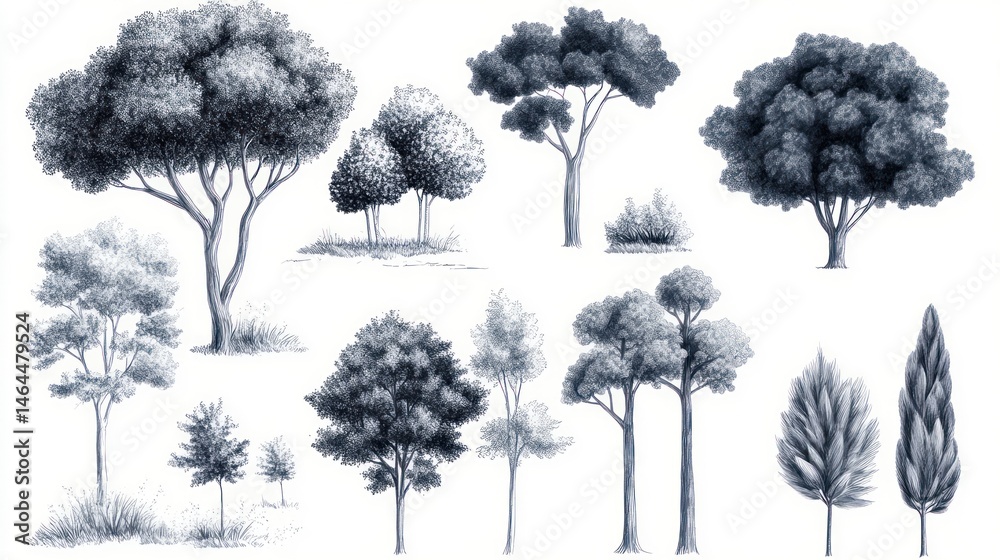 Fototapeta premium Collection of Hand Drawn Trees: Detailed Sketches of Various Tree Species in Monochromatic Blue Hues