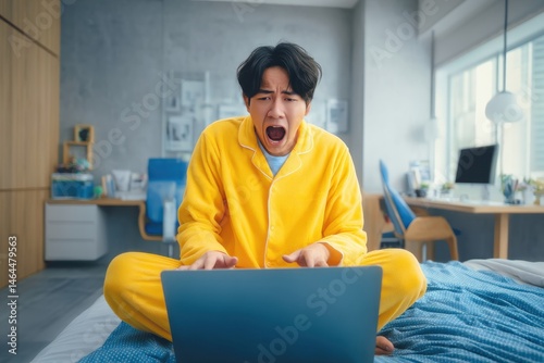 A asian guy wearing yellow pajamas, sitting on a bed, holding his laptop and his expression looks so stressed looking at the laptop.