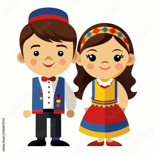 Charming Romanian Folk Costume. Boy and Girl in Traditional Attire