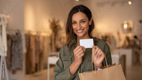 mid shot of a 30-year-old Indian woman with a joyful smile, holding a sleek white gift card delicately between her fingers at chest level.