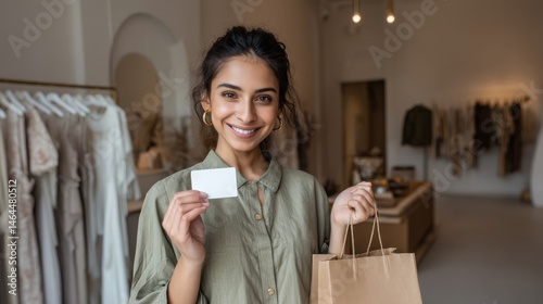 mid shot of a 30-year-old Indian woman with a joyful smile, holding a sleek white gift card delicately between her fingers at chest level.