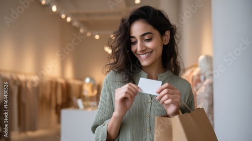 mid shot of a 30-year-old Indian woman with a joyful smile, holding a sleek white gift card delicately between her fingers at chest level.