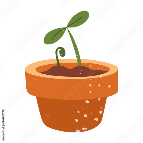 Sprouts in a flowerpot with texture. Flat color isolated doodle illustration. Sweet spring, summer. Suitable for decoration, postcards, packaging, prints, covers with a cozy