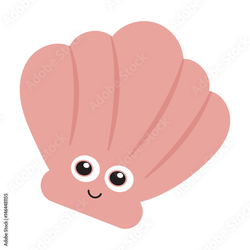 Seashell cartoon character in pink with eyes and a smile. Suitable for children's illustrations, summer designs, beach themes, and stationery