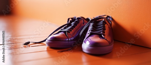 A pair of purple sneakers with untied laces rest on a vibrant orange surface, casting dynamic shadows and creating a playful, contemporary ambiance.