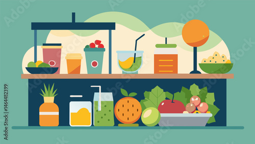 A farmers marketinspired bar offering a variety of fresh juices smoothie bowls and homemade energy balls perfect for a healthy and light brunch.. Vector illustration