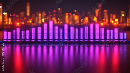 Bright purple soundwaves graphic equalizer with city lights in background