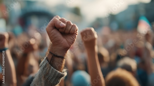 Conceptual photo, a crowd of people at the outdoor stage on a summer day. Human rights concept, powerful men or women gathered for a peaceful protest against everything that is bad in their country.