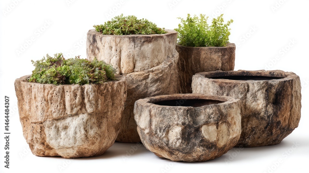 Fototapeta premium Rustic stone planters isolated on white background. 