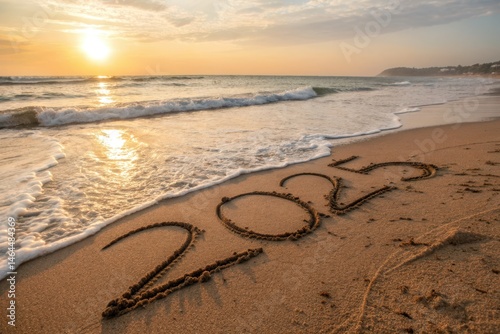 2025 Written in the Sand at Sunrise with Ocean Waves and Golden Glow