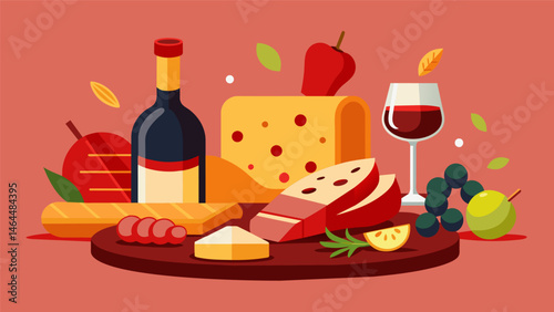 A delectable and indulgent spread of cured meats and cheeses ed almonds and roasted red peppers all perfectly paired with a smooth and velvety glass. Vector illustration