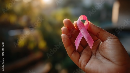 Realistic close - up photo of a hand gently holding a pink awareness ribbon, with a soft focus on a natural background,