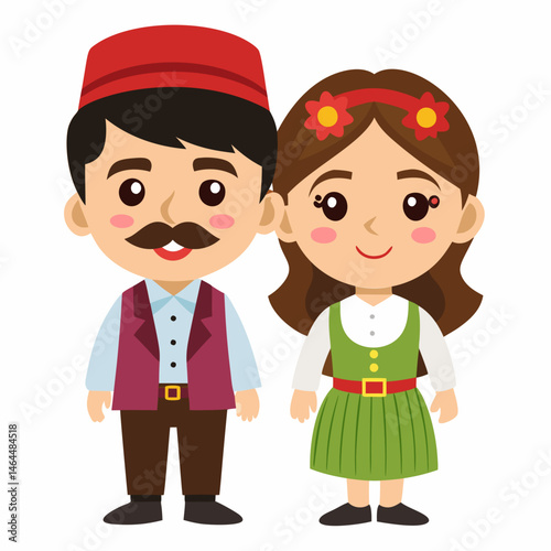 Adorable Cartoon Couple in Traditional Folk Costume