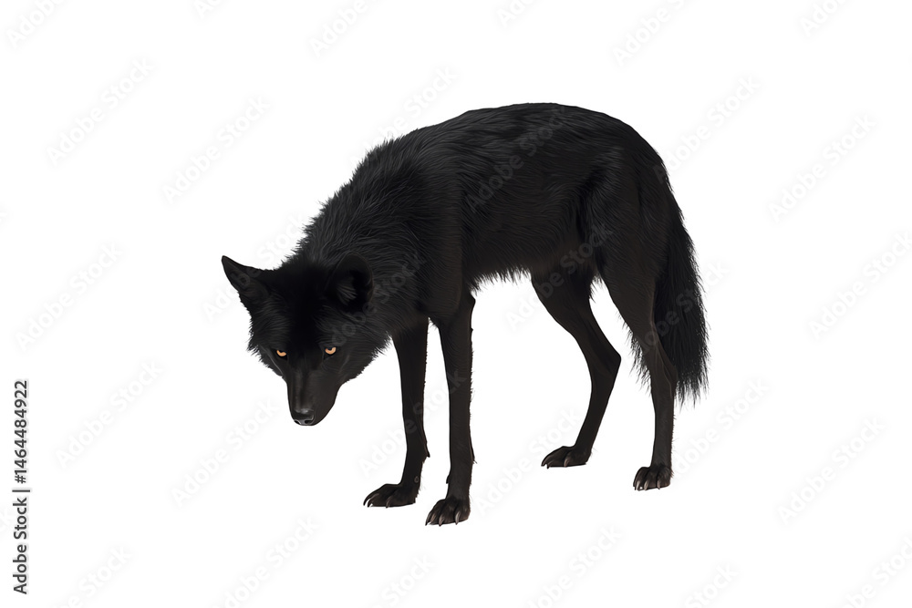 A black wolf with piercing eyes stands alert with its head lowered, displaying a focused and intense gaze. A black wolf with piercing eyes stands alert with its head lowered, displaying a focused and intense gaze.