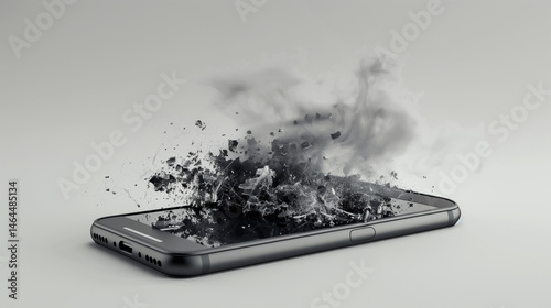 Broken smartphone screen with dark smoke coming out, representing digital addiction and technology overuse, negative impact of mobile devices on mental health