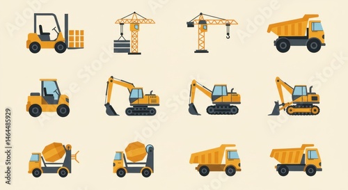 A complete set of construction equipment in vector style, including excavators, cranes, bulldozers, and trucks, ideal for industrial themes.

