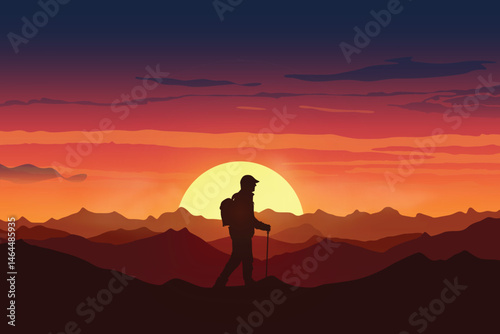 Silhouette of a Lone Hiker Walking at Sunset in a Scenic Mountain Landscape. Outdoor Adventure Illustration with Golden Sky, Rugged Hills, and Peaceful Nature View