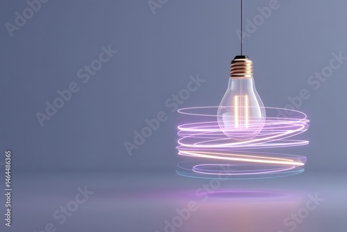 Vector of swap idea concept featuring levitating bulb rotating with innovation icons orbiting with copy space. Studio light.Digital transformation background photo