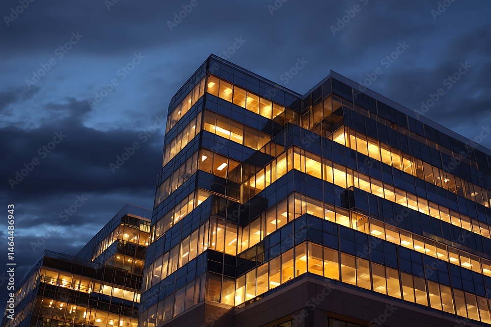 Obraz premium A modern office building illuminated at night with a dark sky and clouds in the background view from below