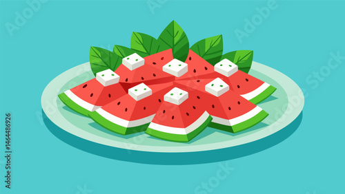 A platter of juicy watermelon slices topped with crumbled feta cheese and mint a refreshing snack option for a hot outdoor BBQ.. Vector illustration