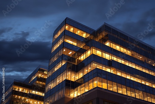 A modern office building illuminated at night with a dark sky and clouds in the background view from below