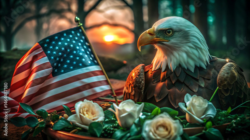 Majestic Bald Eagle with American Flag, a Symbol of Patriotism and Remembrance.