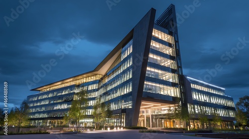 A modern office building illuminated at dusk with dramatic sky and architectural design features shown well