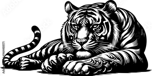 Hand drawn vector illustrations of a lying tiger silhouette