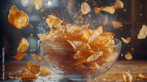 Crunchy Delight: Potatoes Chips in Glass Bowl, Perfect Snack for Beer or Ale

 photo