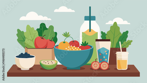 A plantbased smoothie bowl station featuring dairyfree milks vegan protein powders and an assortment of fresh produce catering to those following a. Vector illustration