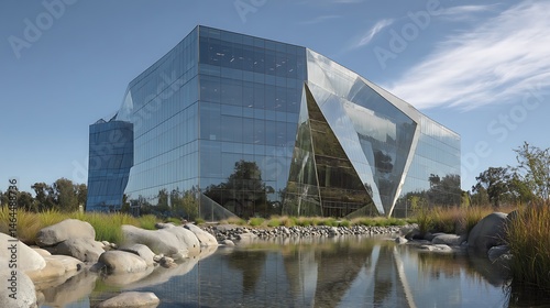 A modern glass building with an angular design reflected in the water on a sunny day with blue sky