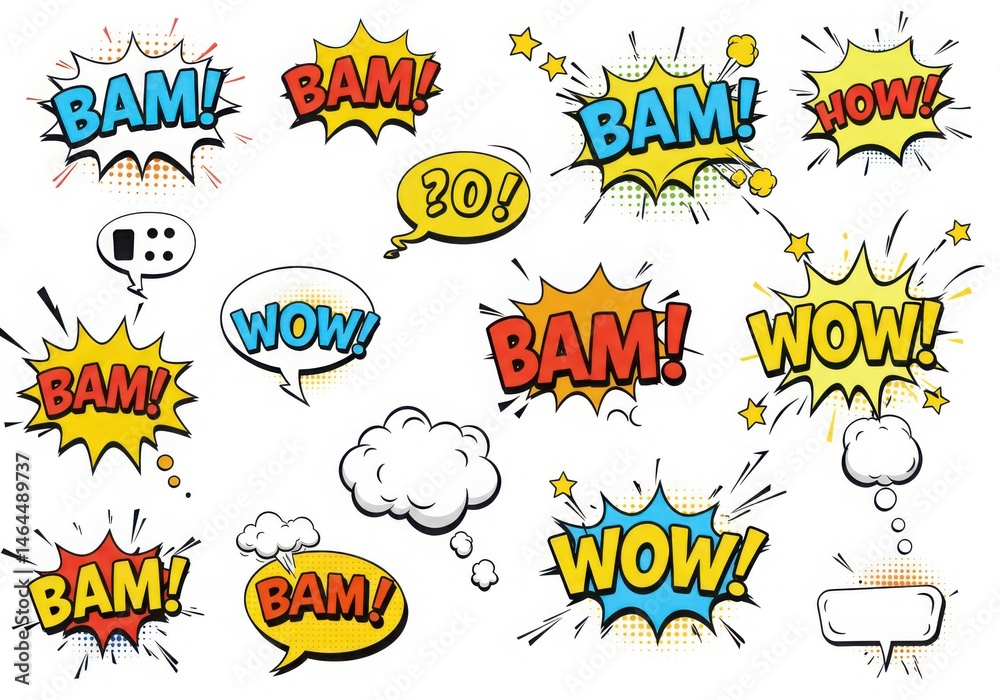 Fototapeta premium Collection of comic speech bubbles with bam wow and how text