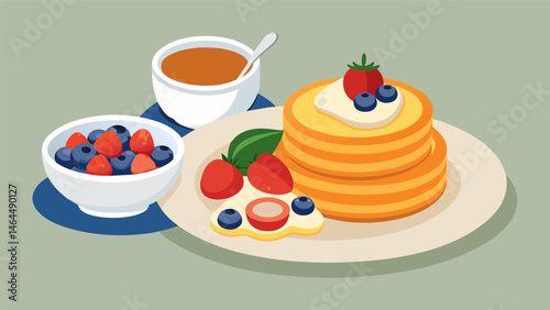 A delightful breakfast tableau with mini pancakes a variety of berries and a bowl of creamy vanilla yogurt for dipping.. Vector illustration