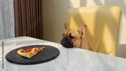 Seated at dining table, young adorable dog is presented with single piece of meaty pizza on plate. Initially intrigued, puppy sniffs food but then shows reluctance, indicating apparent dislike.