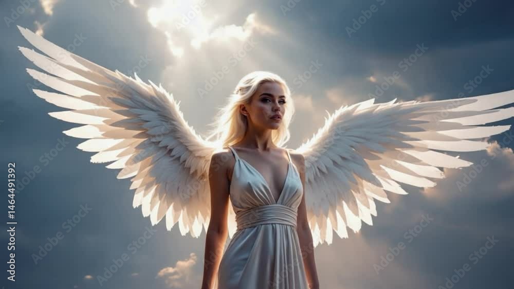 Serene animation of a graceful angel with pure white wings looking up towards a bright, heavenly light. Ideal for fantasy and spiritual visuals. Serene animation of a graceful angel with pure white wings looking up towards a bright, heavenly light. Ideal for fantasy and spiritual visuals.